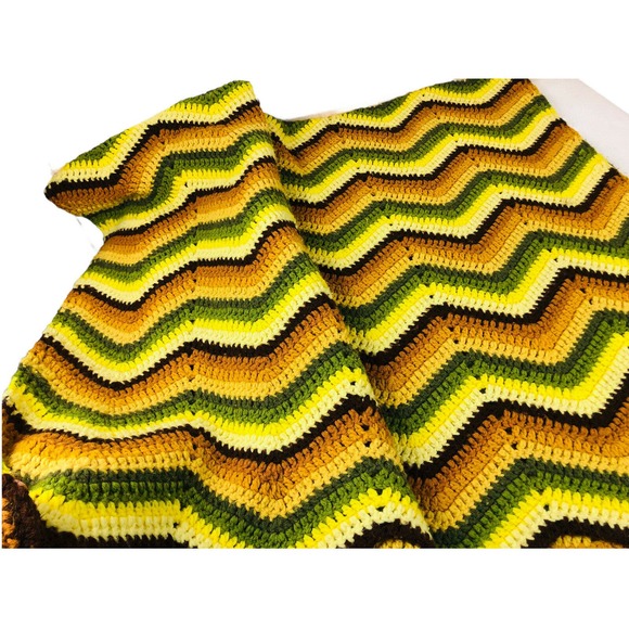 vtg retro hand made striped knit blanket throw afghan 58x72 - Picture 2 of 3